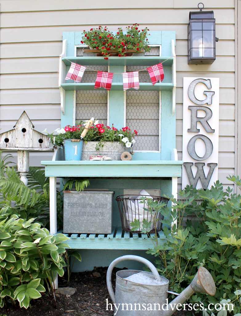 Cottage Farmhouse Garden Ideas - Red, White & Aqua Blue Potting Bench