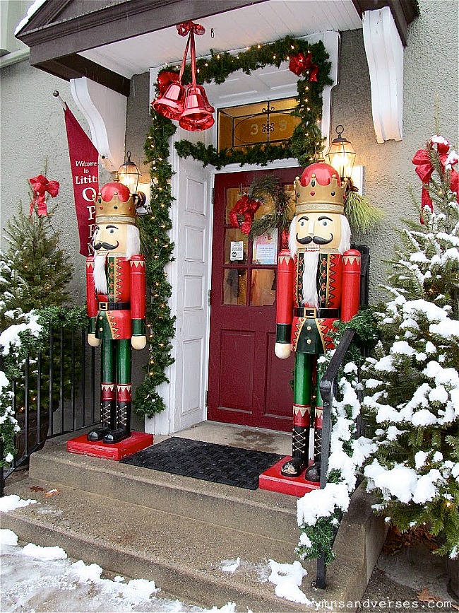 Christmas nutcrackers stand guard at shop entrance on Main Street, Lititz, PA