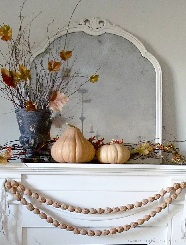 Fall Mantel with Walnut Garland - Hymns and Verses