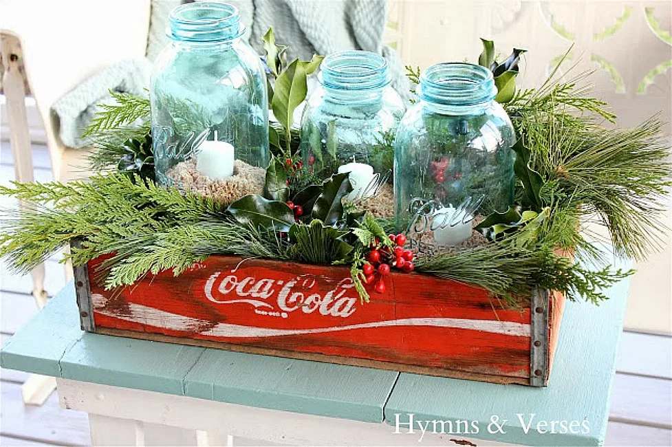 Vintage Coca-Cola Crate with Aqua Vintage Ball Jars with Candles and Christmas Greens - Hymns and Verses Blog