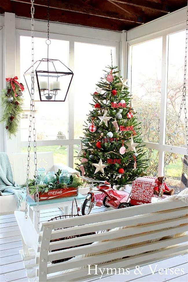 Screen Porch Decorated for Christmas - Hymns and Verses Blog