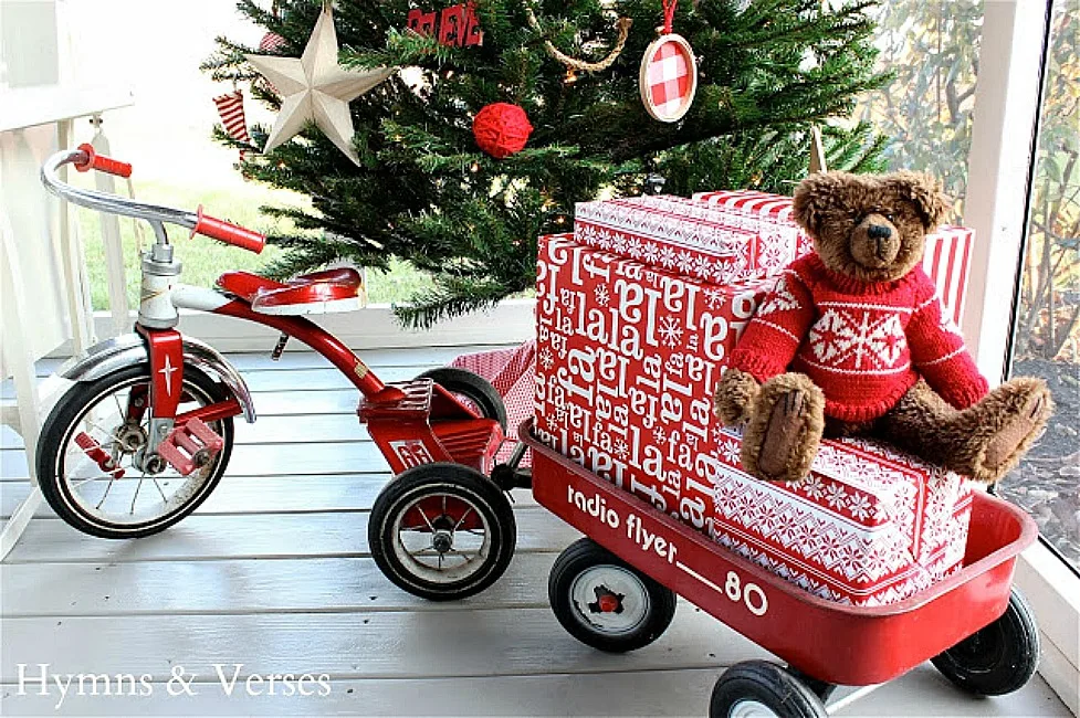 Vintage Red Radio Flyer Tricycle and Wagon with Christmas Presents and Teddy Bear - Hymns and Verses Blog