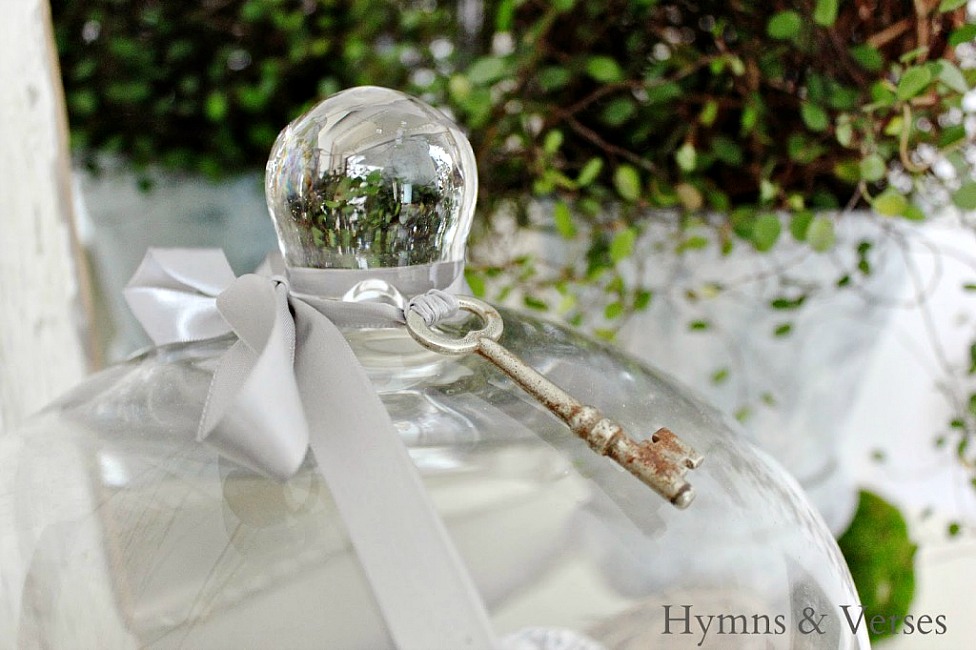 Vintage Skeleton Key tied to glass cloche - Hymns and Verses