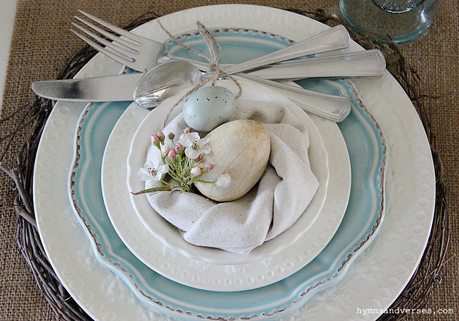 Spring Table Place Setting with Bird Nest Napkin Fold and Egg - Hymns and Verses