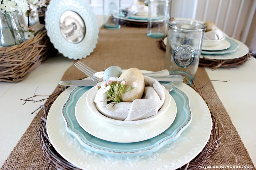 Spring Tablescape with Bird Nests - Hymns and Verses