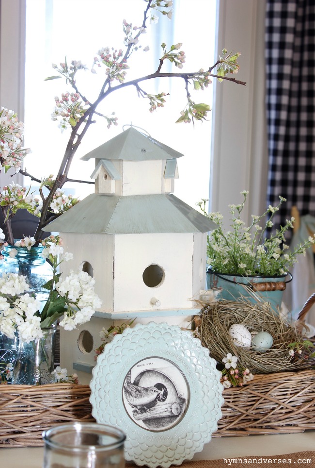 Spring Birdhouse Tablescape - Hymns and Verses