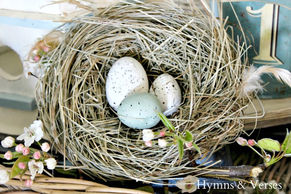 Faux Bird Nest with Eggs and Pear Blossom Branch