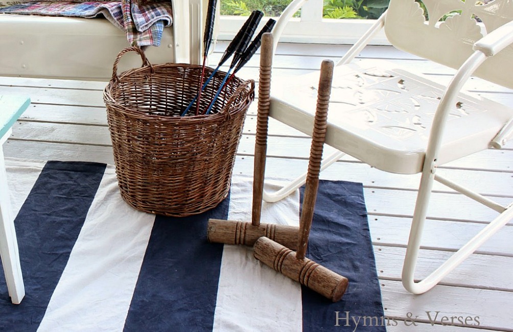 Striped Drop Cloth Rug with Vintage Croquet Mallets
