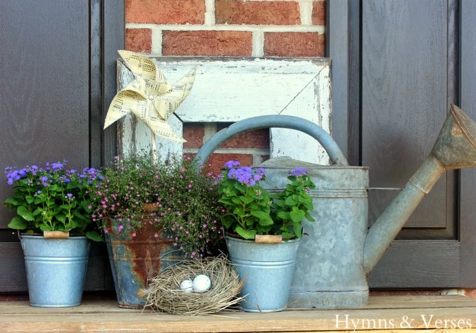 Vintage Watering Can and Galvanized Buckets with Flowers and Birds Nest