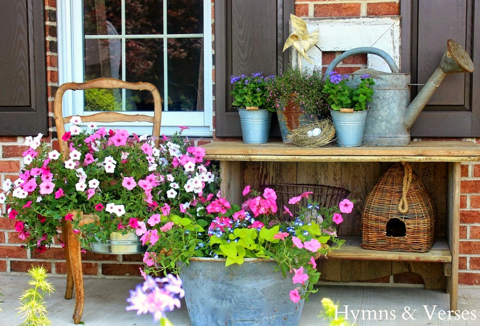 French Country Front Porch with Vintage French Chair Planter