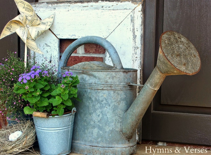 Vintage Watering Can and Galvanized bucket with flowers