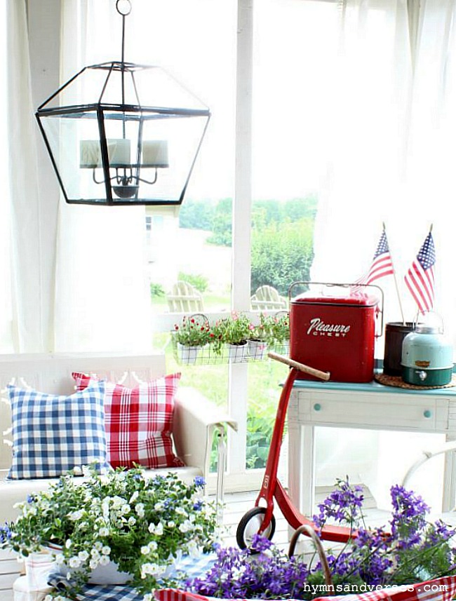 Patriotic Summer Porch with Vintage Cooler and Scooter - Red, white and blue checked outdoor pillows