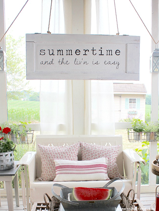 Summertime and the Liv'n is Easy Hanging Sign on Summer Screen Porch - Protect Outdoor Pillows