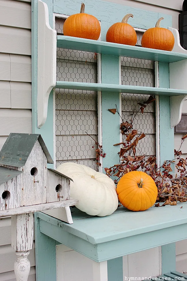 Fall Potting Bench with Pumpkins and Fall Branches