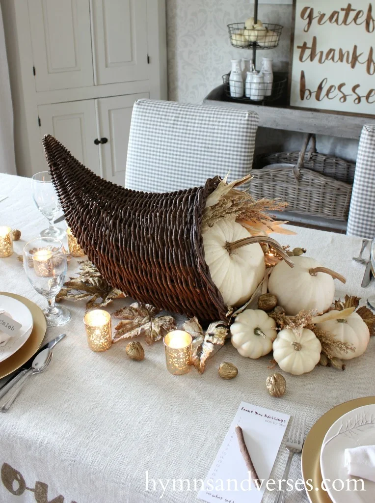 Cornucopia and White Pumpkin Centerpiece