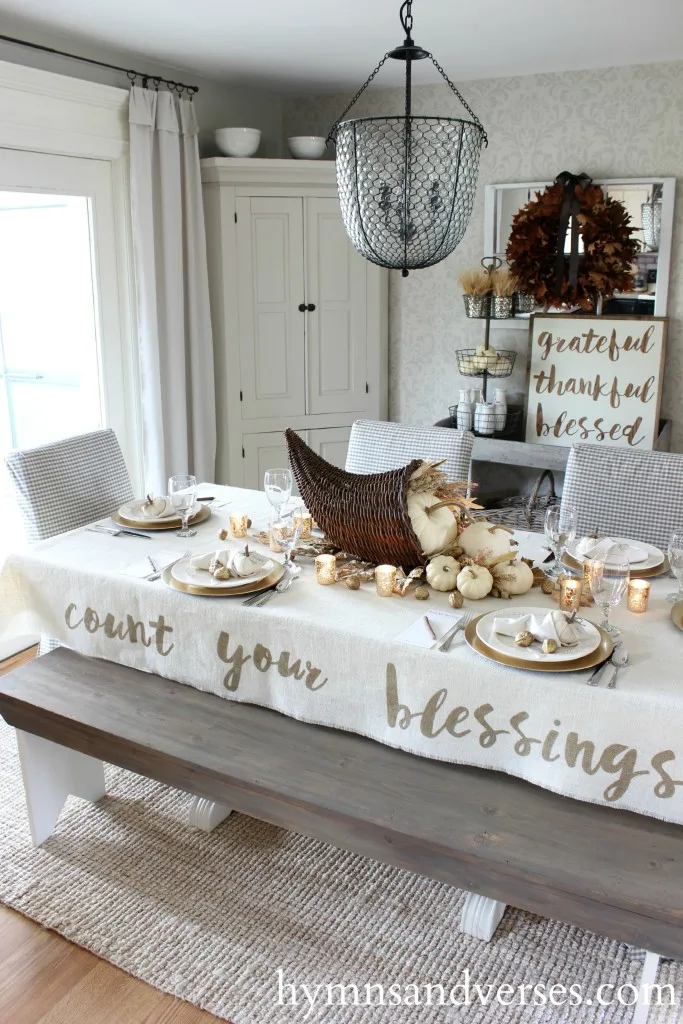 Cornucopia Tablescape with Count Your Blessings Tablecloth