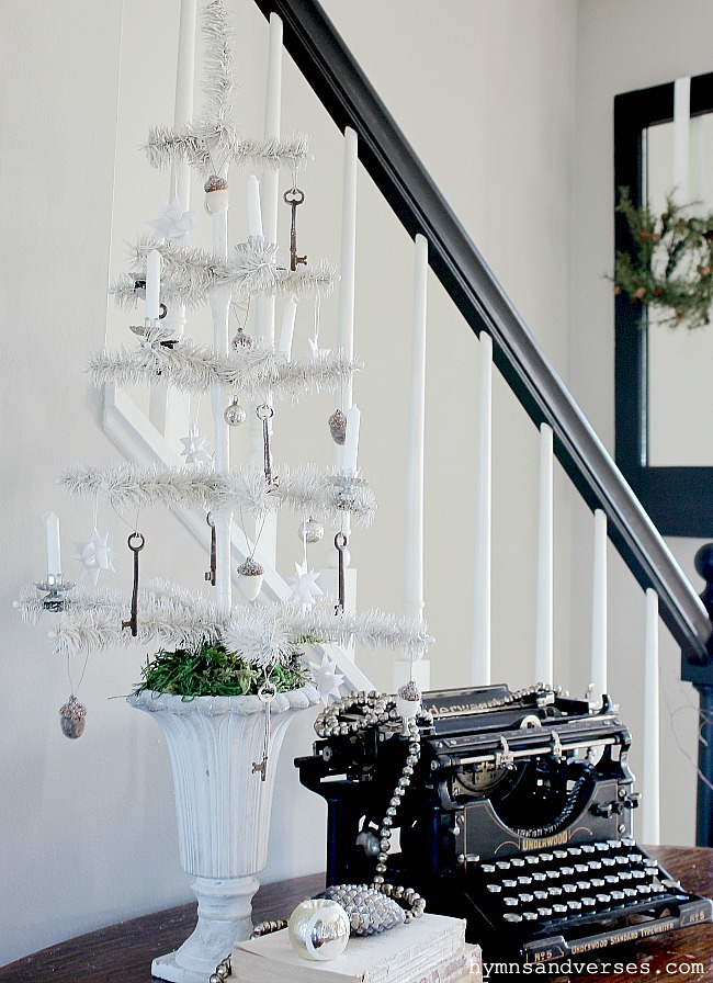 Vintage typewriter and white feather tree at Christmas