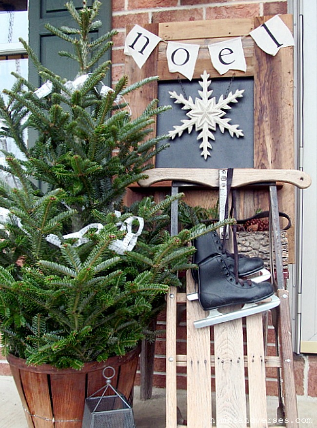 Front Porch at Christmas with Vintage Sled and Skates