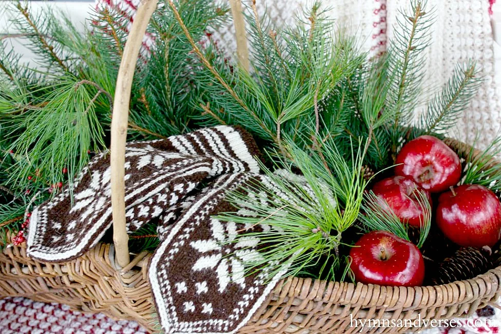 Hand Knit Vintage Mittens in Basket with Pine and Apples