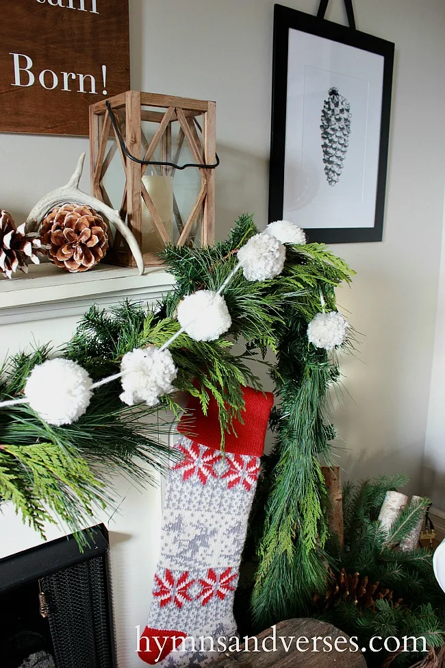 Christmas Mantel with Fresh Pine and Pottery Barn Knit Ski Stockings