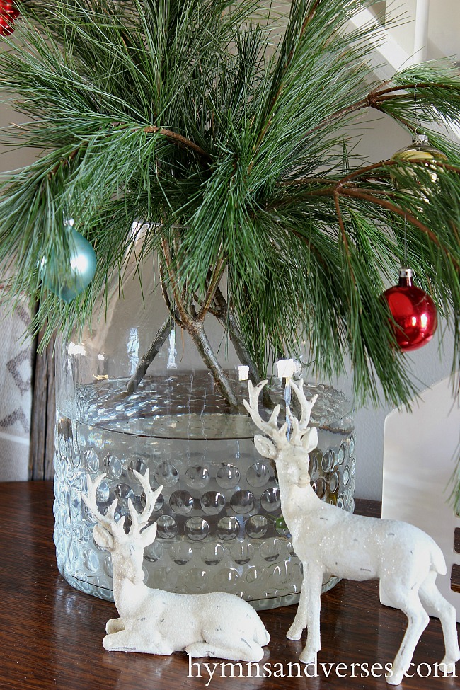 White Reindeer and White Pine Branches - Christmas Living Room