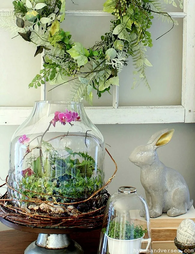 DIY Terrarium Vignette with Rabbit and Cloche for Spring - Hymns and Verses