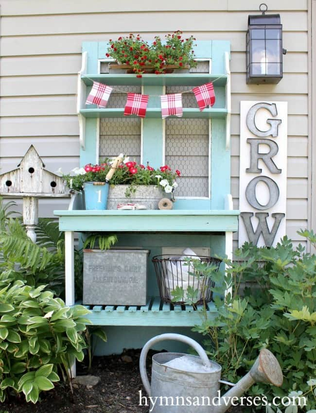 Potting Bench Made From Old Door | Hymns and Verses