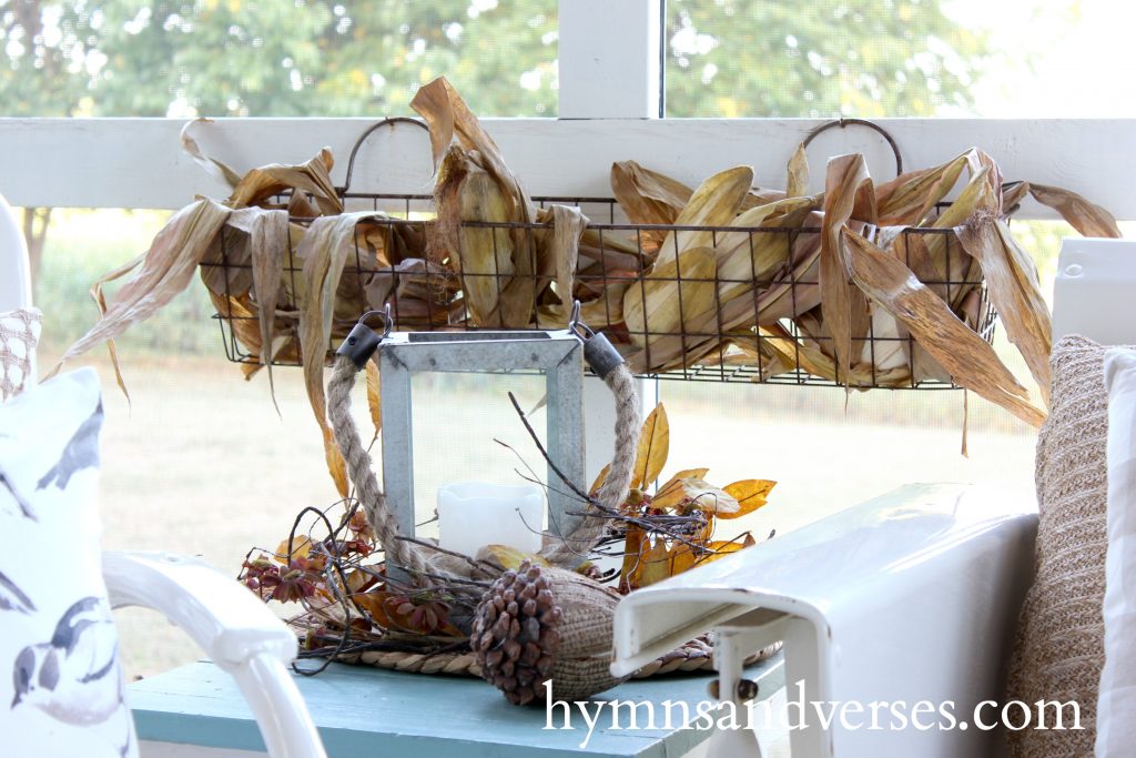 Corn Husks in Wire Hanging Basket - Autumn on the Porch