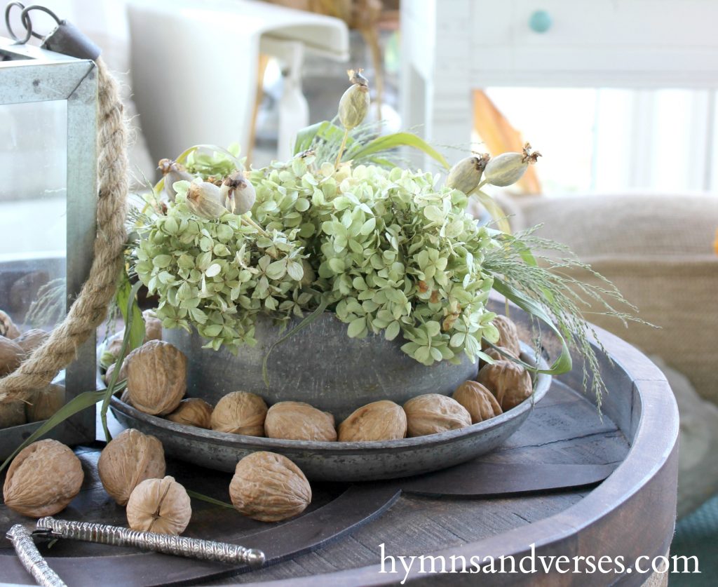 Walnuts and Hydrangea Milk Can Lid - Autumn on the Porch