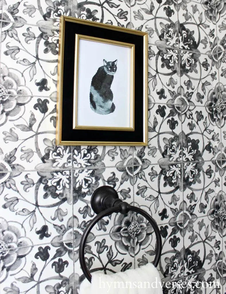 Black and White Watercolor Cat Powder Room