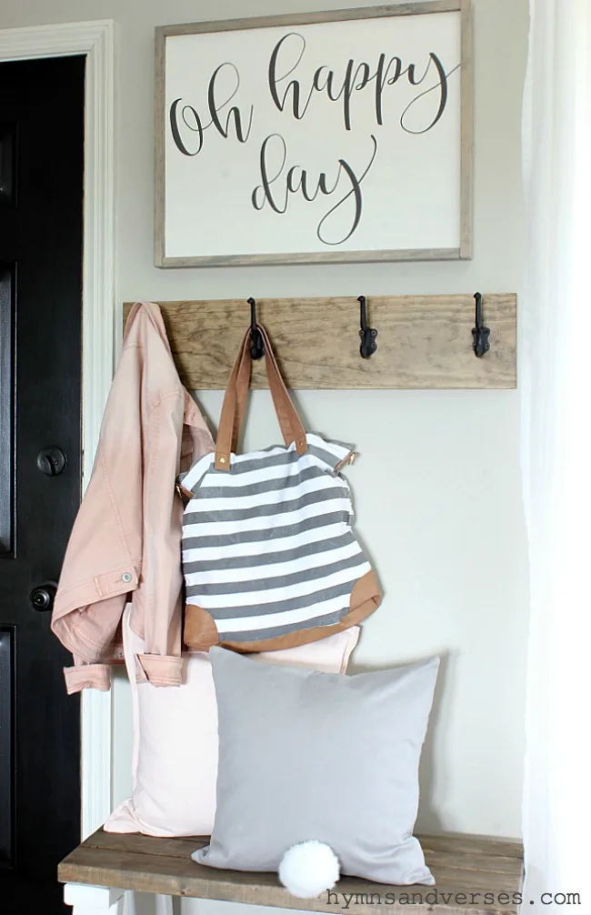 Spring Entryway with Oh Happy Day Sign and Bunny Tail Pillow