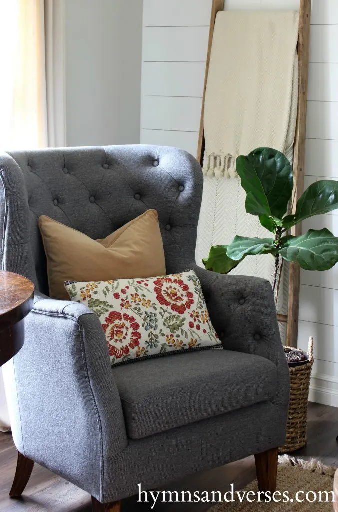 2017 Fall Home Tour - Gray Chair with embroidered pillow