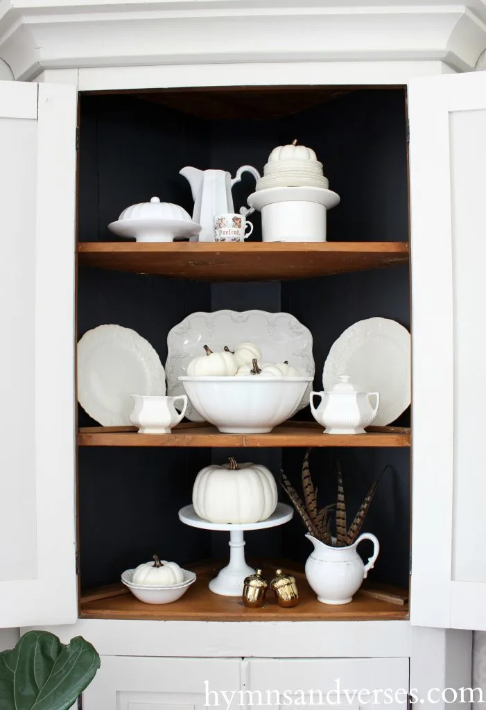 2017 Fall Home Tour - Hutch with Black Background and White Dishes