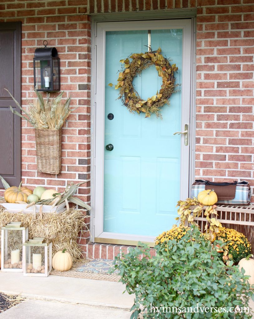 Fall Front Porch - Aqua Front Door