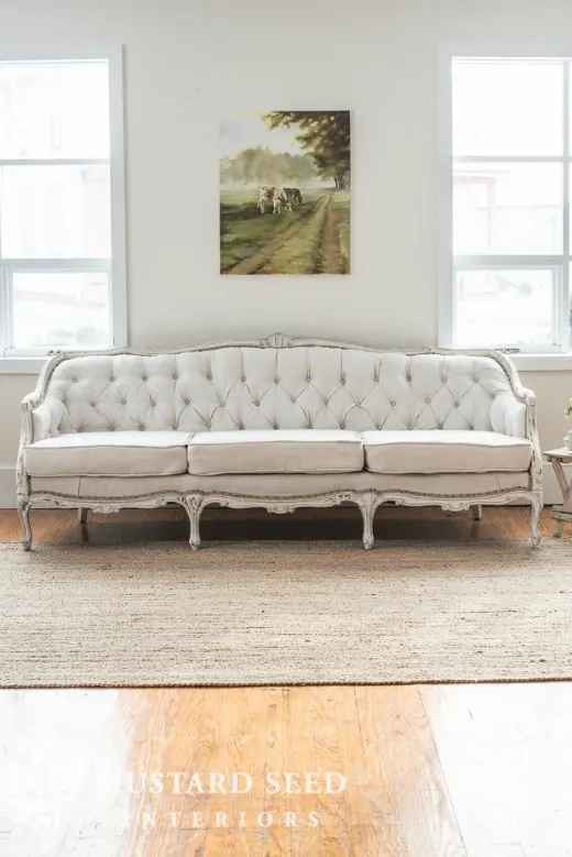 Tufted French Style Sofa Makeover - Miss Mustard Seed