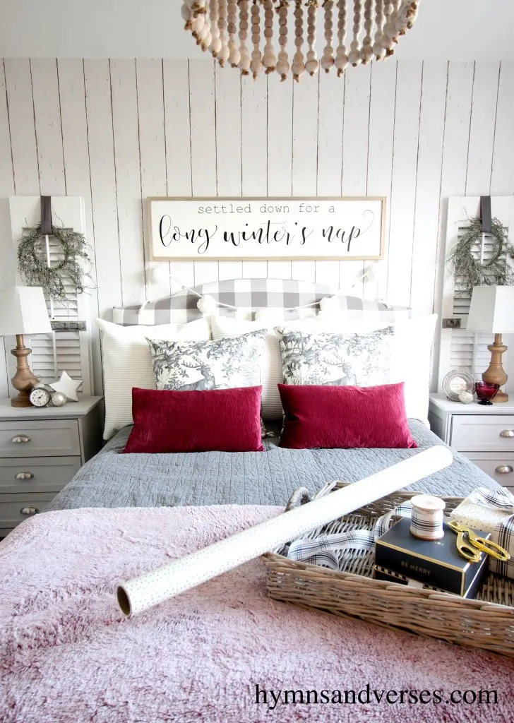 Hymns and Verses 2017 Christmas Tour - Cozy Bedroom in Gray and White with Berry Accents