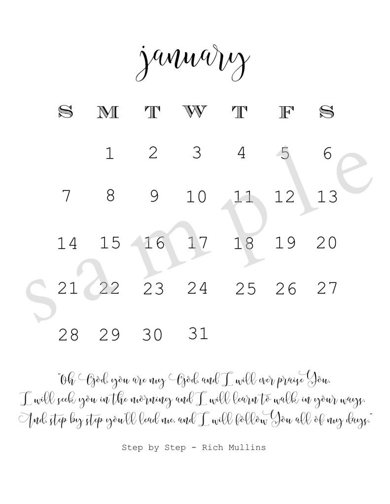 Sample January 2018 Calendar Printable