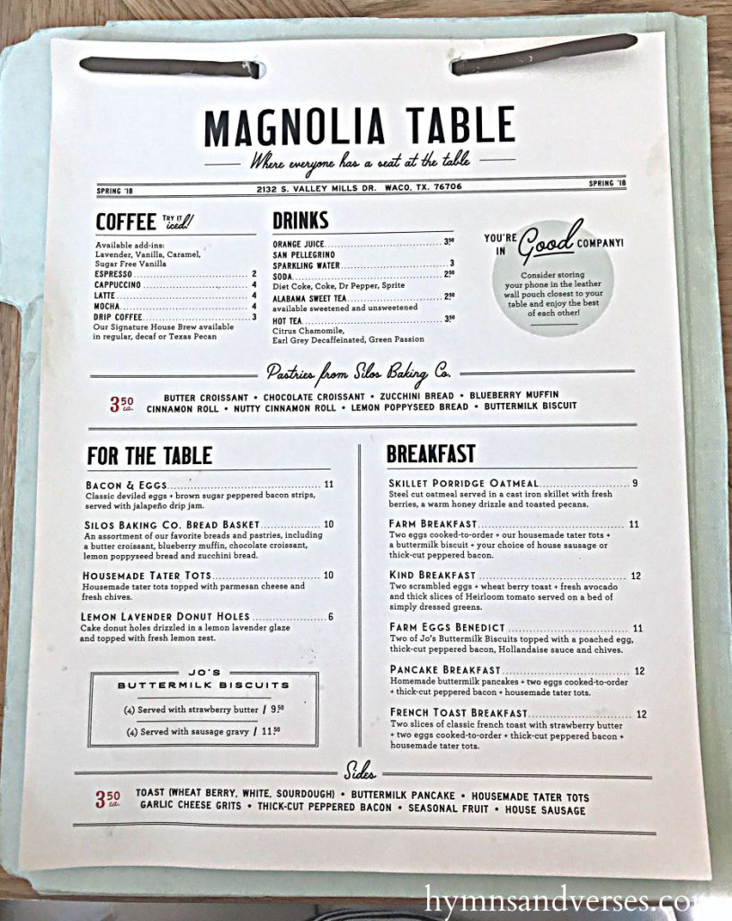 Magnolia Table Menu