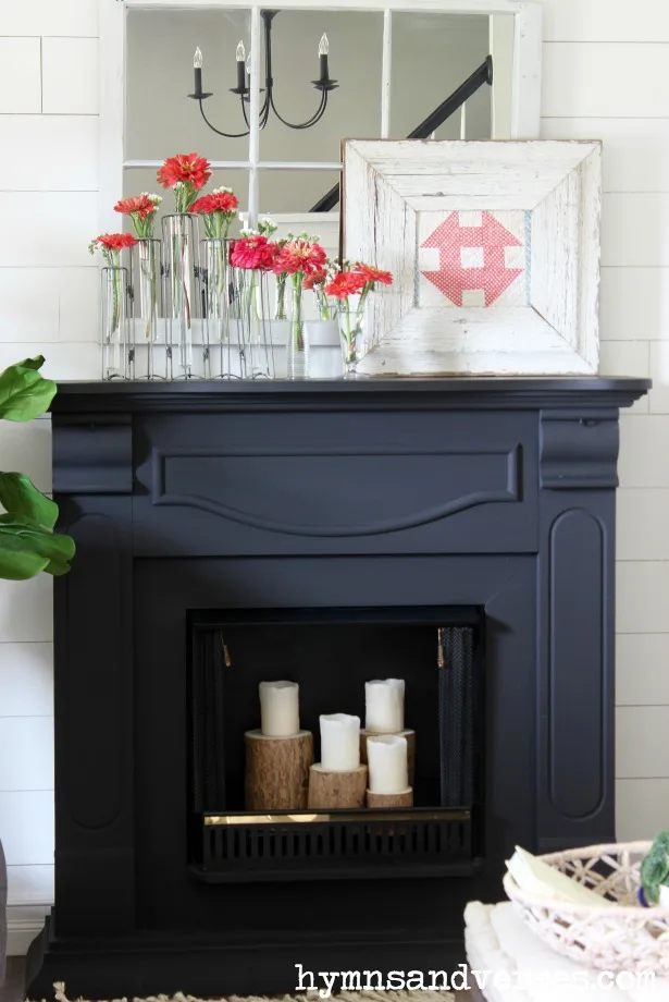 Black Mantel with Red Zinnias - Summer Style