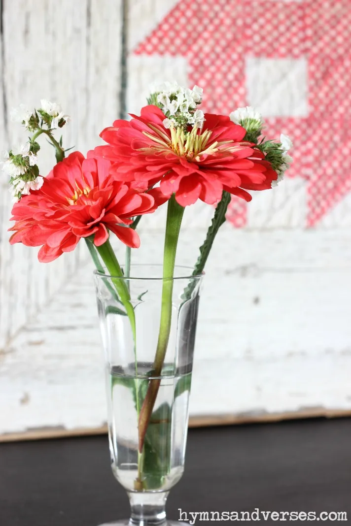 Red Zinnias with Red and White Quilt Square - Summer Style