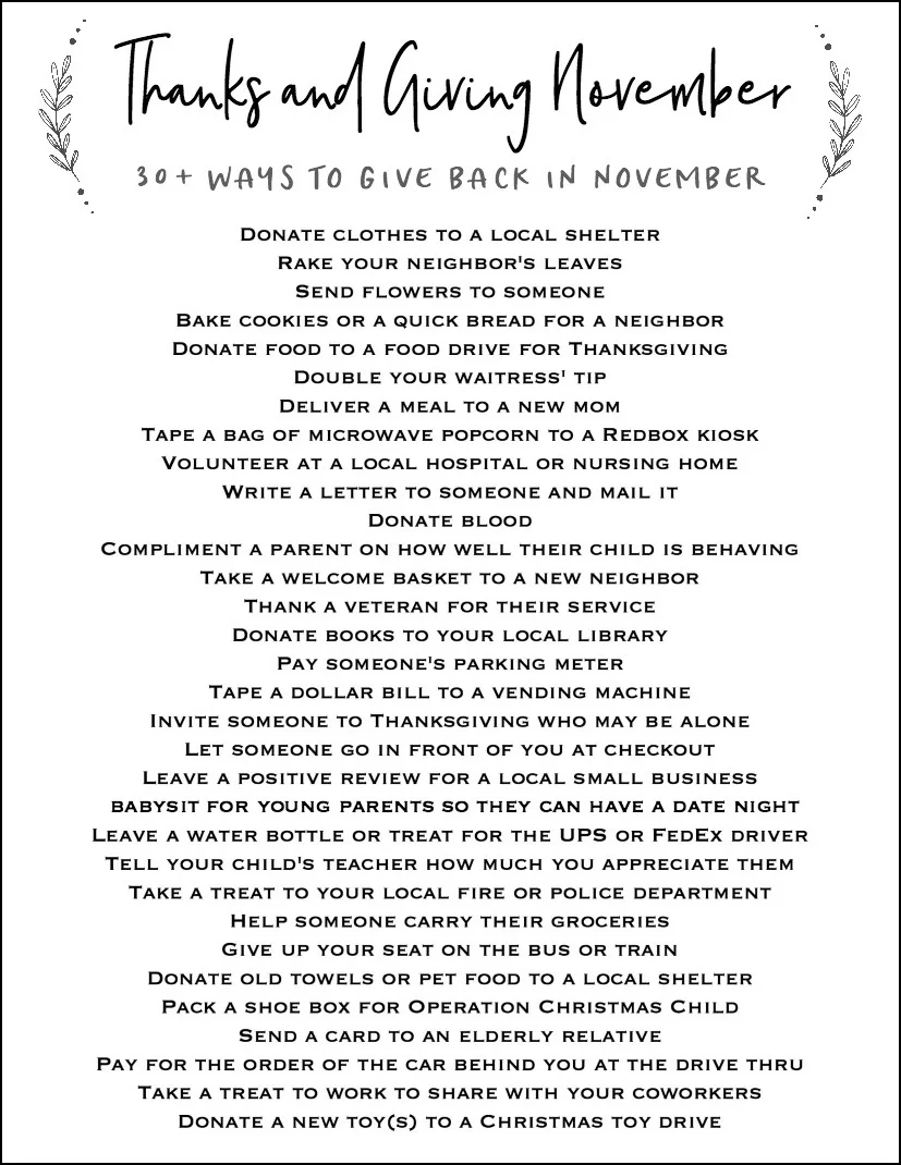 Printable List of 30+ Ways to Give Back in November