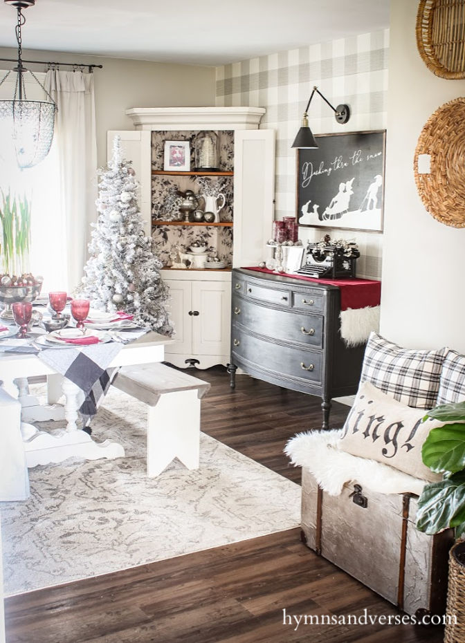 Black, white and burgundy dining room