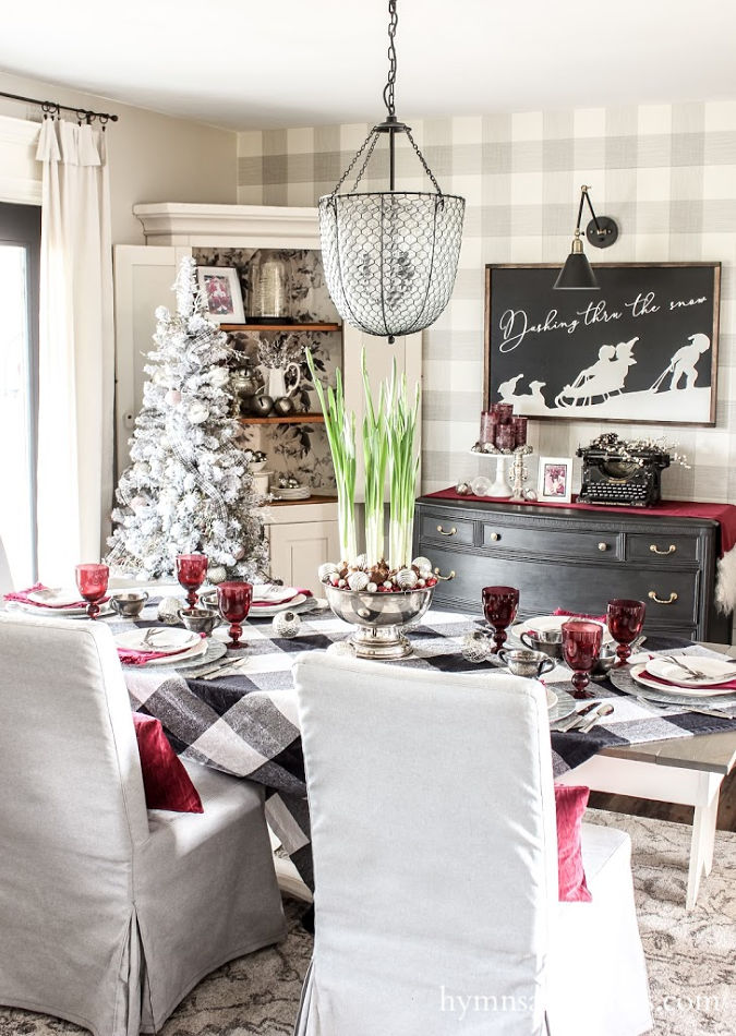 Black, white, and burgundy dining room