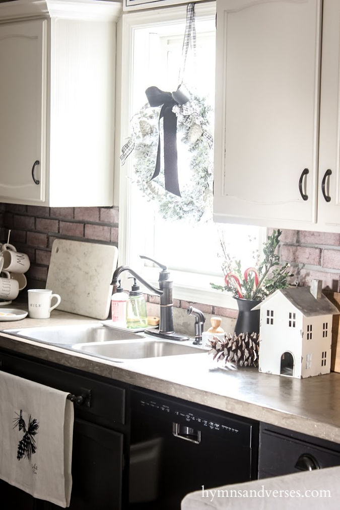 Black, white and burgundy Christmas kitchen