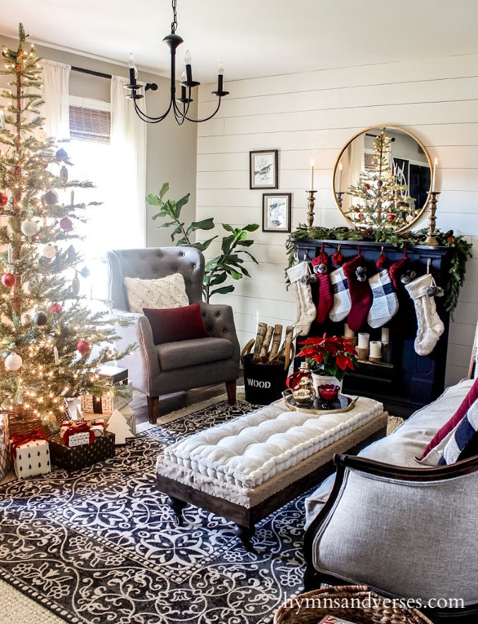 Black, white, and burgundy Christmas living room