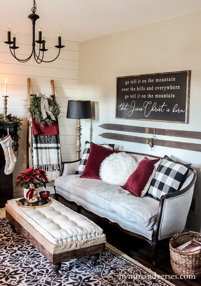 Black, white, and burgundy Christmas living room