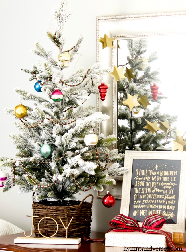 3 ft. small flocked Christmas Tree in basket - Hymns and Verses