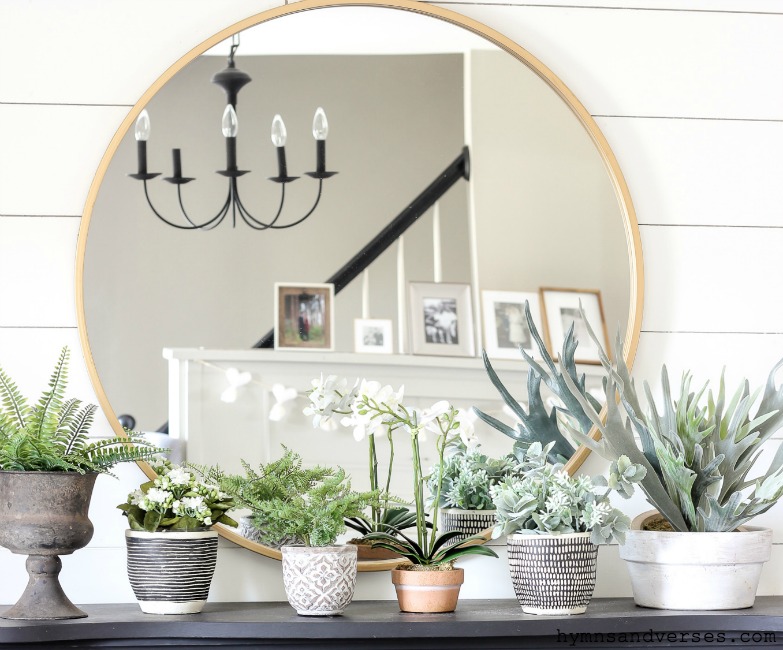 Plants on Mantel Top with Round Mirror - Winter to Spring Decor