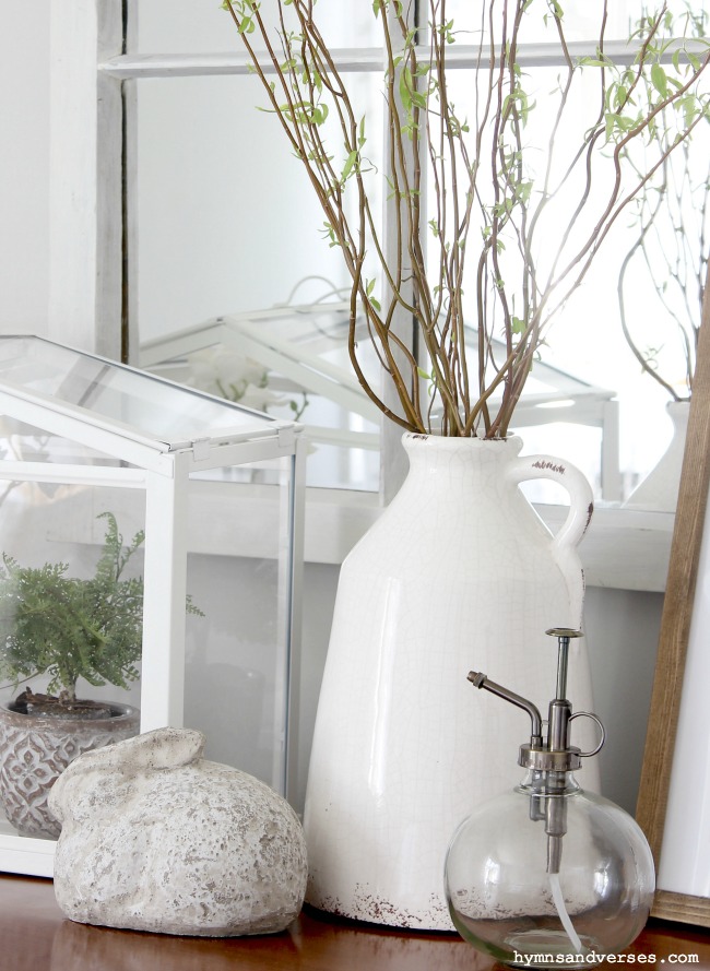 Concrete Bunny and Vase of Curly Willow Branches - Spring Season Bedroom