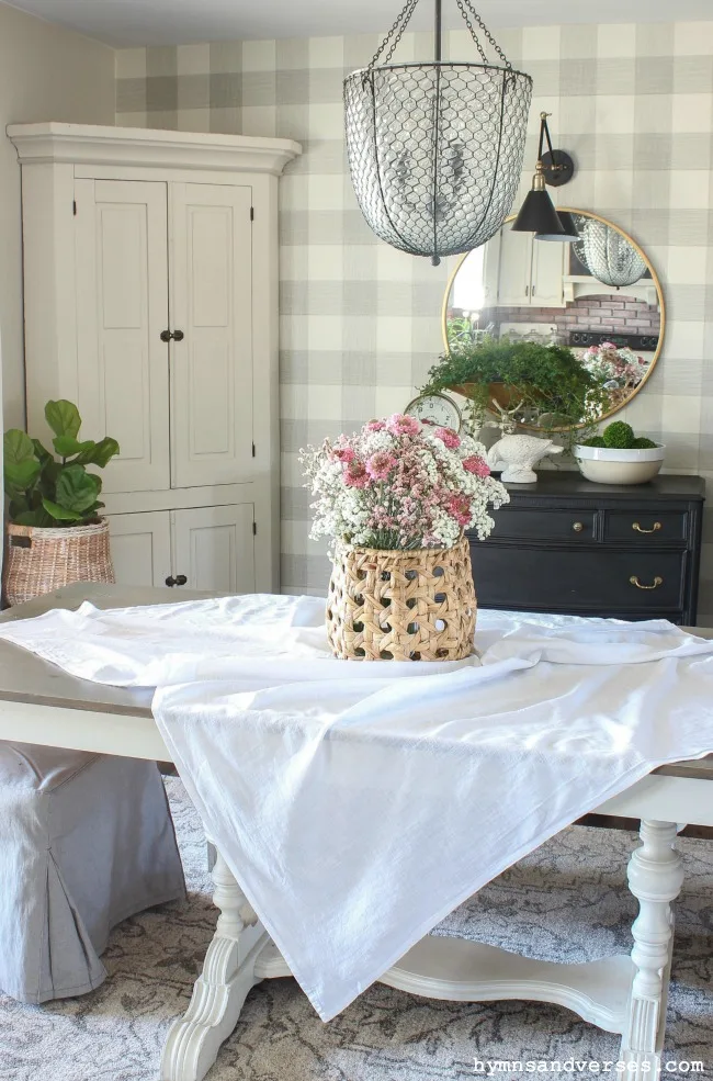Cottage Style Table with Basket of Pink Flowers - Pretty in Pink Spring Tour